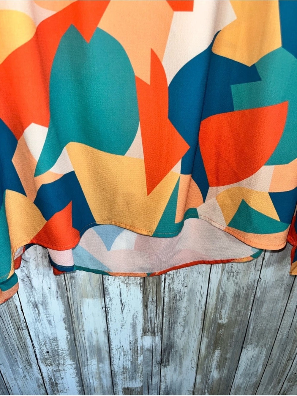 Fate Abstract Print Blouse Women’s Large Colorful Boho Long Sleeve Ruffle Neck - Picture 2 of 6